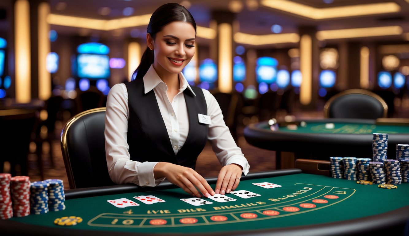 Seorang dealer wanita yang rapi berdiri di meja blackjack dengan kartu dan chip di kasino mewah.