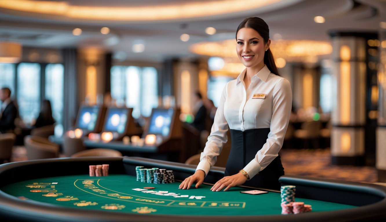 Seorang dealer wanita yang rapi berdiri di belakang meja blackjack hijau dengan kartu dan chip, di dalam ruangan kasino modern yang terang dan elegan.