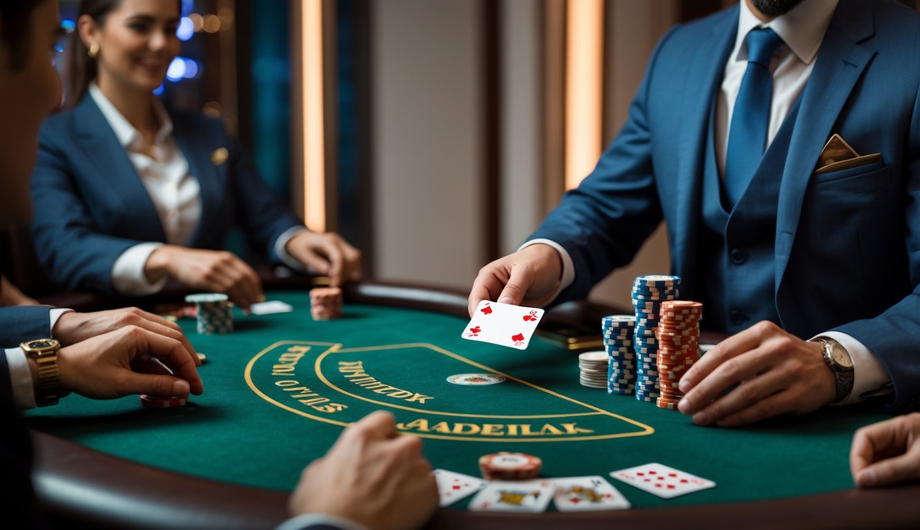 Seorang dealer blackjack yang ramah sedang membagikan kartu di meja hijau dengan beberapa pemain di sekelilingnya dalam suasana kasino.