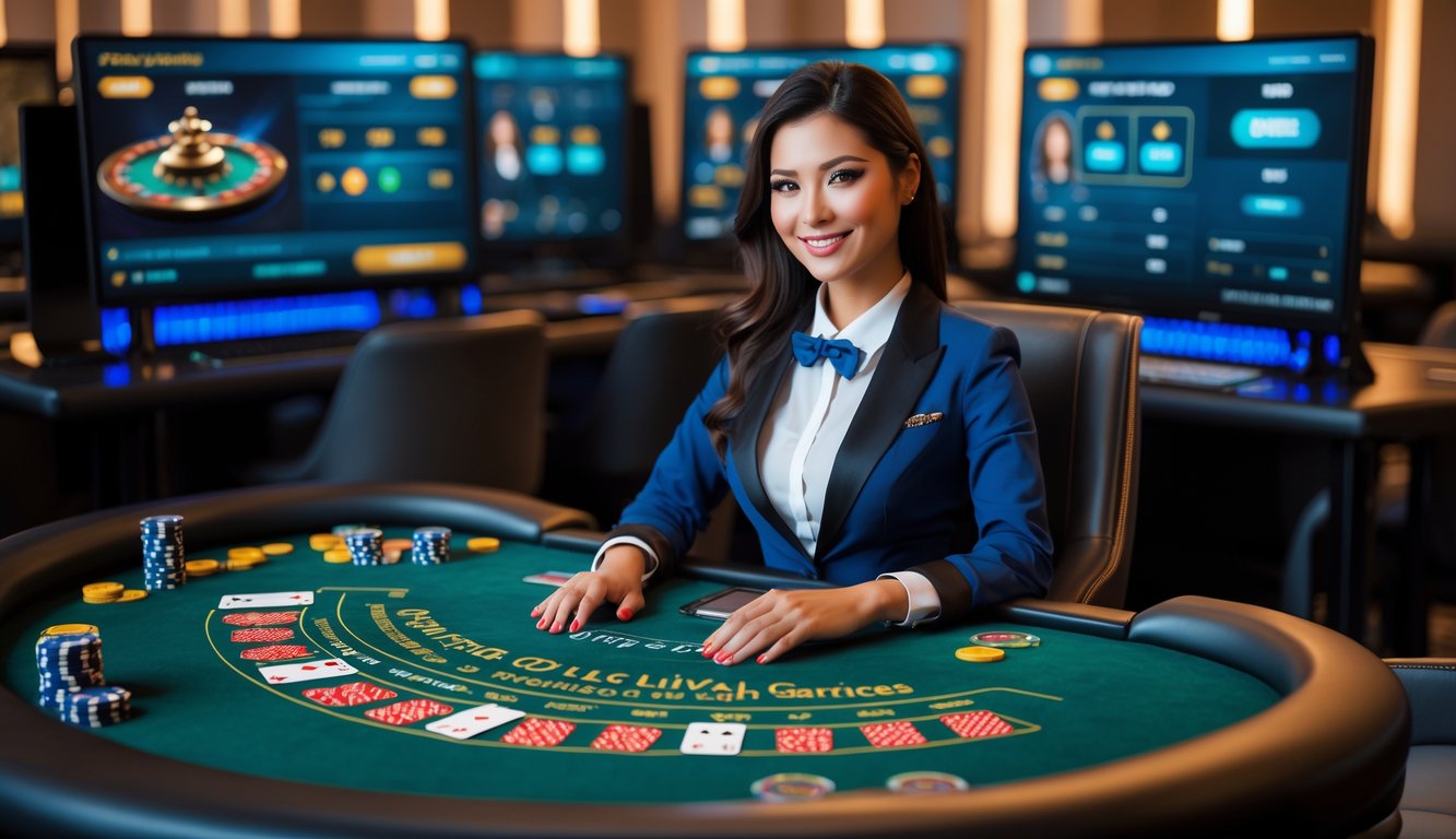 Seorang dealer wanita profesional duduk di meja blackjack dengan kartu dan chip, di depan layar komputer yang menampilkan permainan blackjack online langsung.