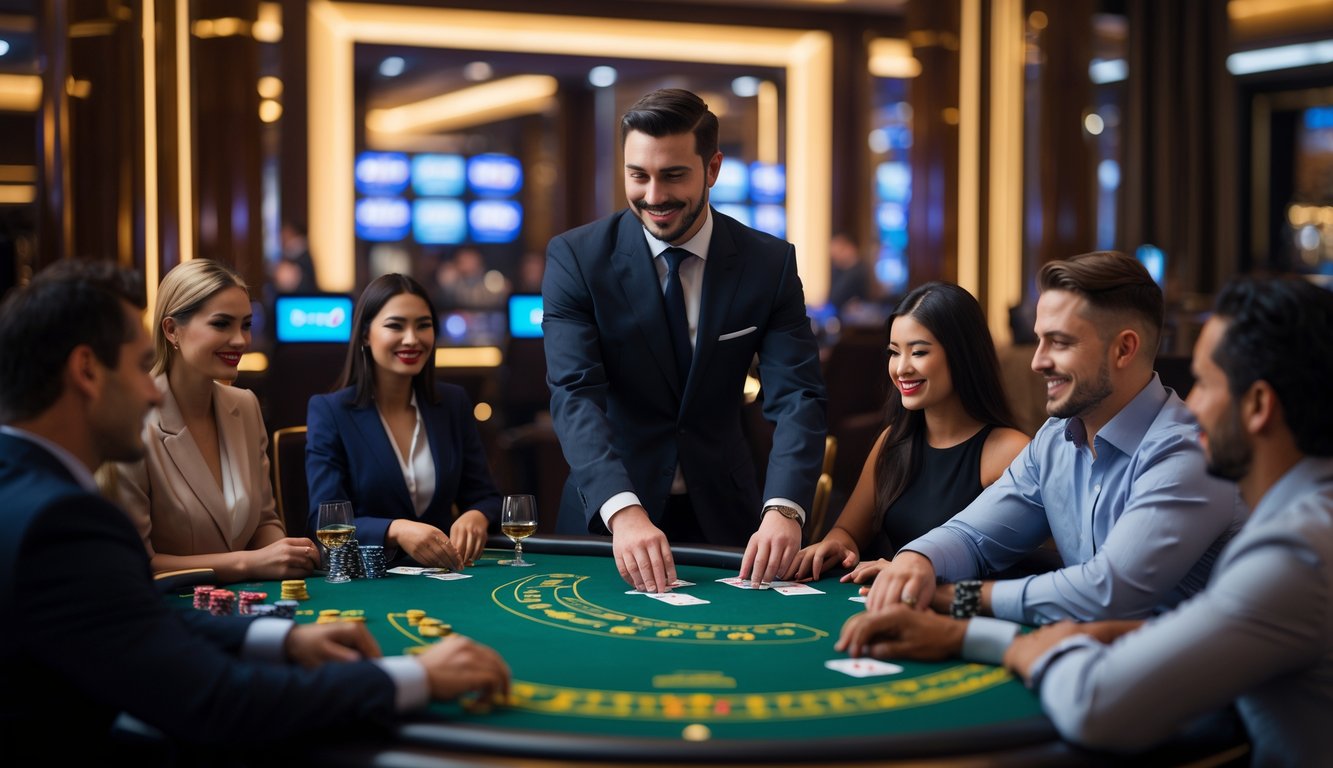 Meja blackjack dengan dealer dan beberapa pemain di kasino yang mewah dan terang.