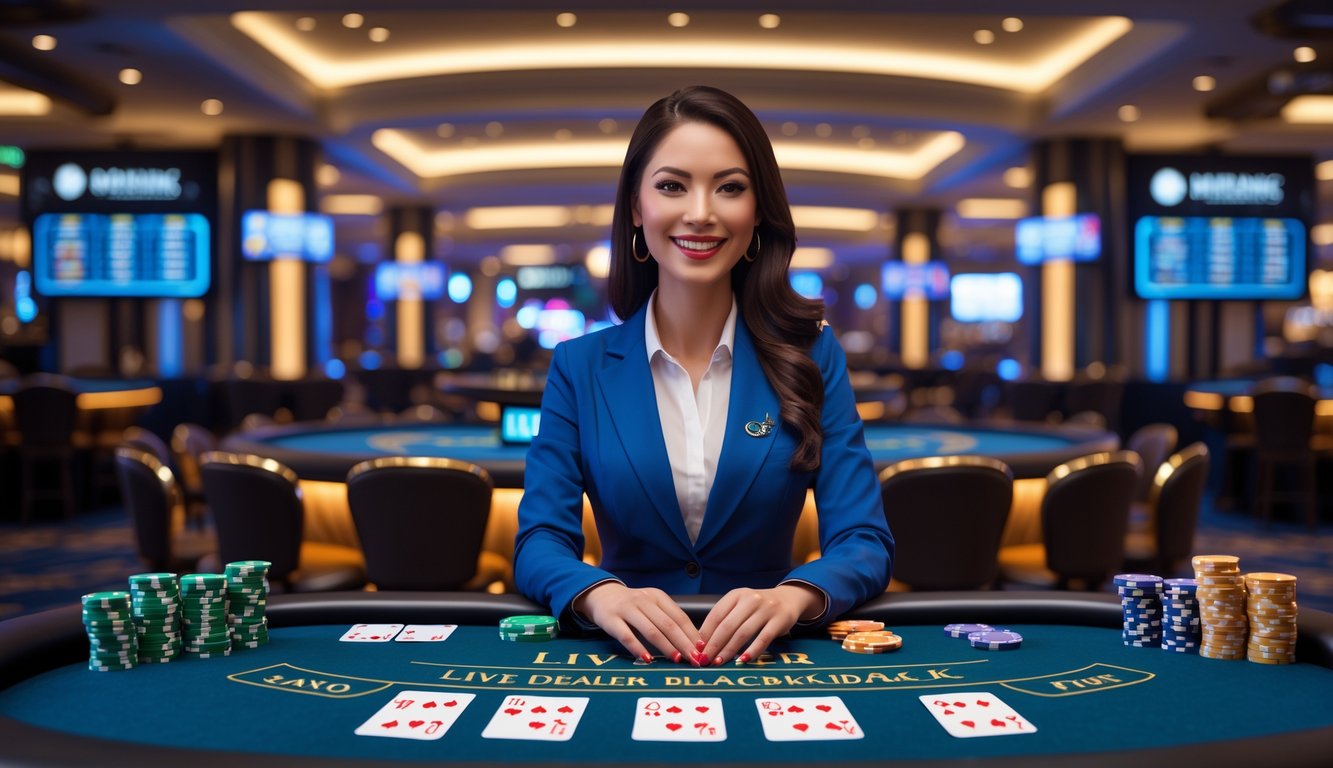 Seorang dealer wanita tersenyum di meja blackjack dengan kartu dan chip di kasino mewah yang terang dan profesional.