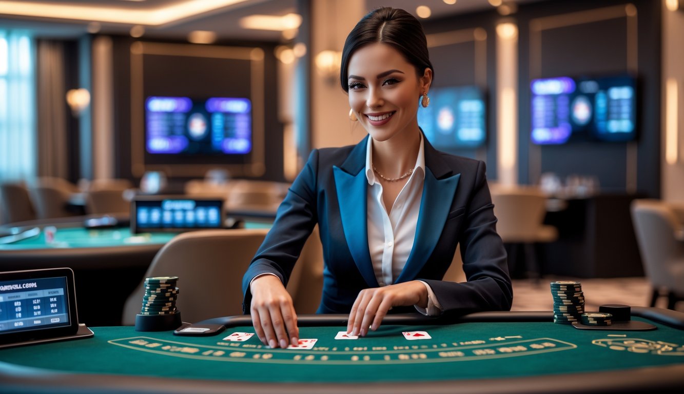 Seorang dealer wanita cantik sedang membagikan kartu di meja blackjack dengan suasana kasino yang mewah dan pencahayaan yang hangat.