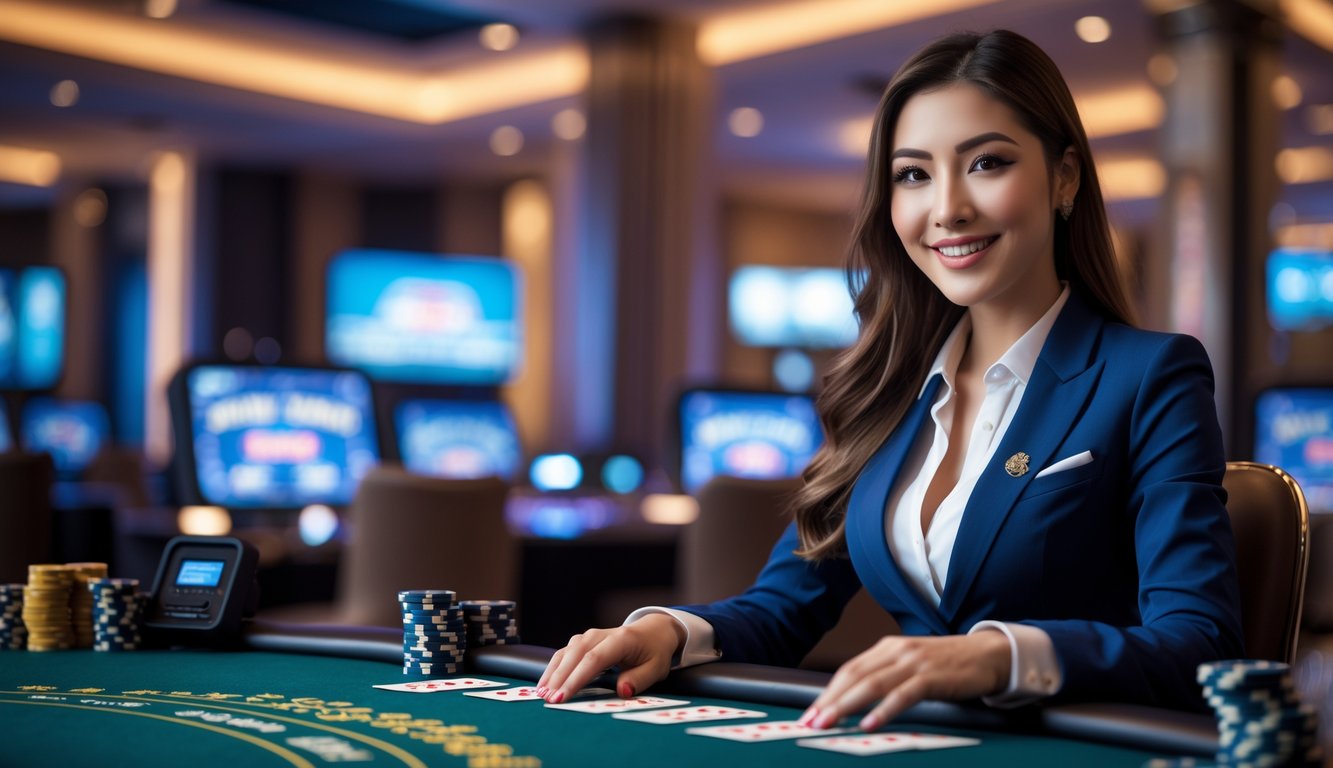Seorang dealer wanita cantik sedang mengelola meja blackjack dengan kartu dan chip di kasino modern.
