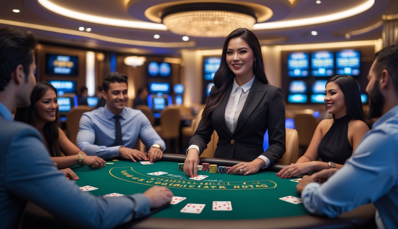 Seorang dealer wanita sedang membagikan kartu di meja blackjack dengan beberapa pemain di kasino yang mewah.