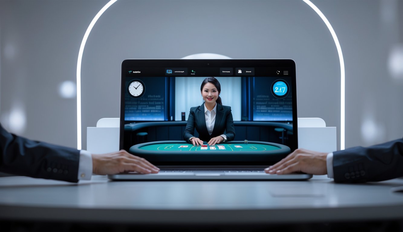 Seorang dealer blackjack profesional tampil di layar komputer dengan meja blackjack digital, menunjukkan layanan live dealer blackjack online yang tersedia 24 jam.
