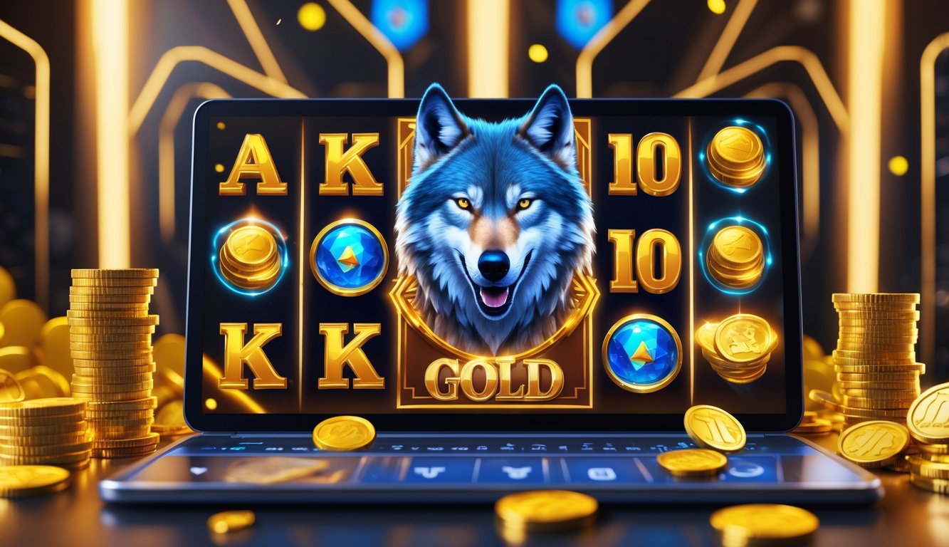 Tampilan layar mesin slot online dengan simbol serigala dan koin emas yang berkilauan, menunjukkan suasana kemenangan besar.