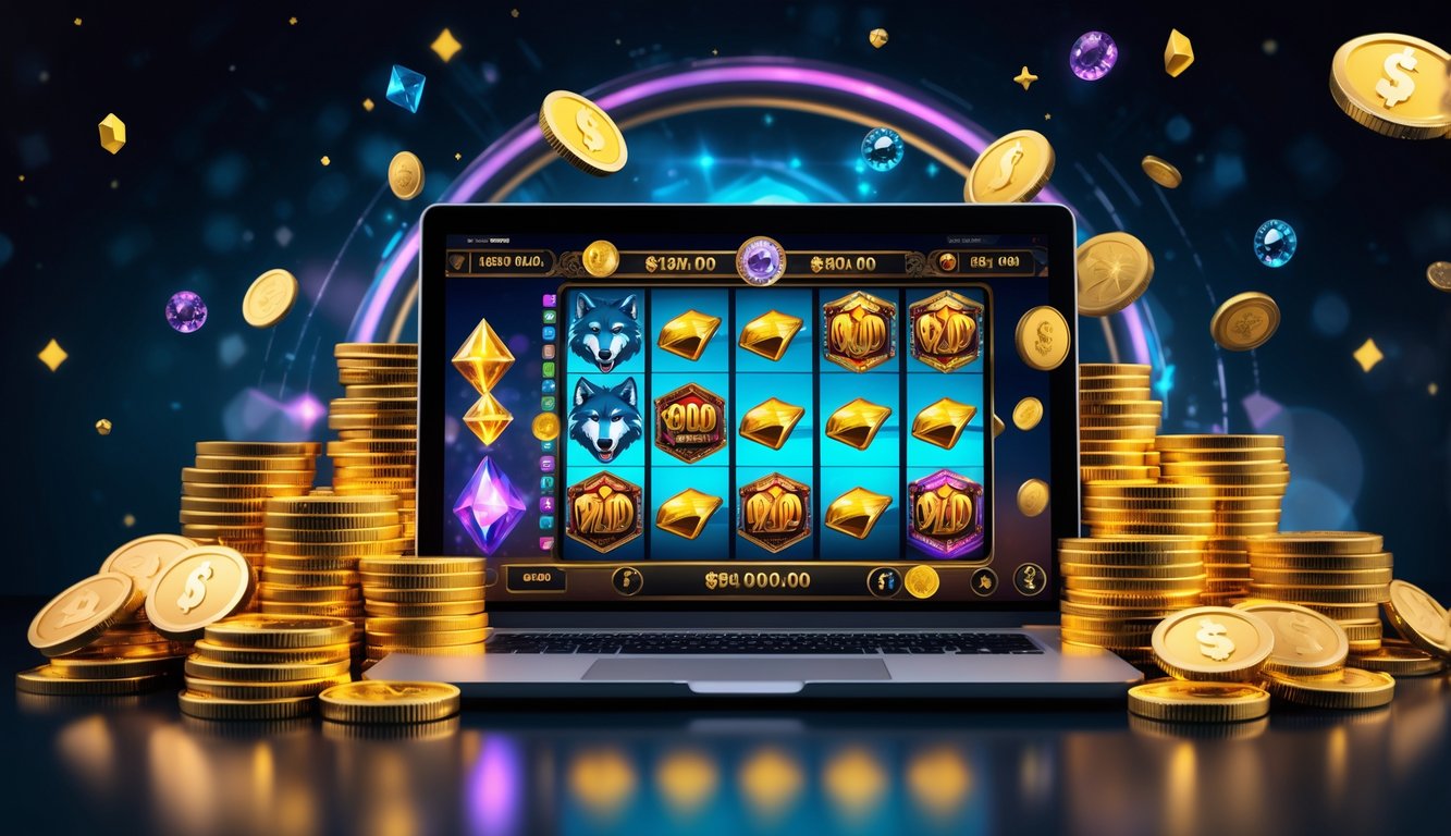 Layar komputer menampilkan permainan slot online dengan simbol serigala dan koin emas, dikelilingi tumpukan koin dan ikon jackpot yang bersinar.