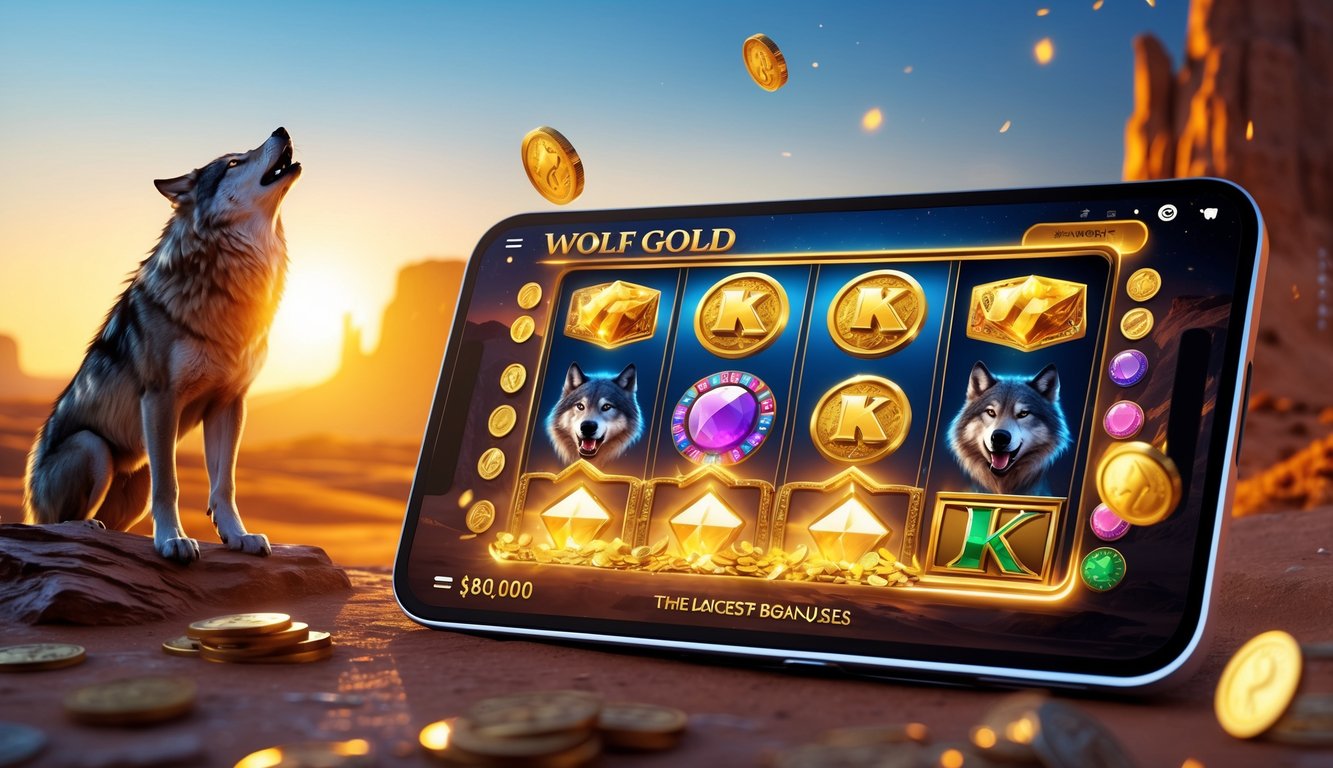Layar mesin slot online dengan simbol serigala dan koin emas di latar belakang gurun saat matahari terbenam.