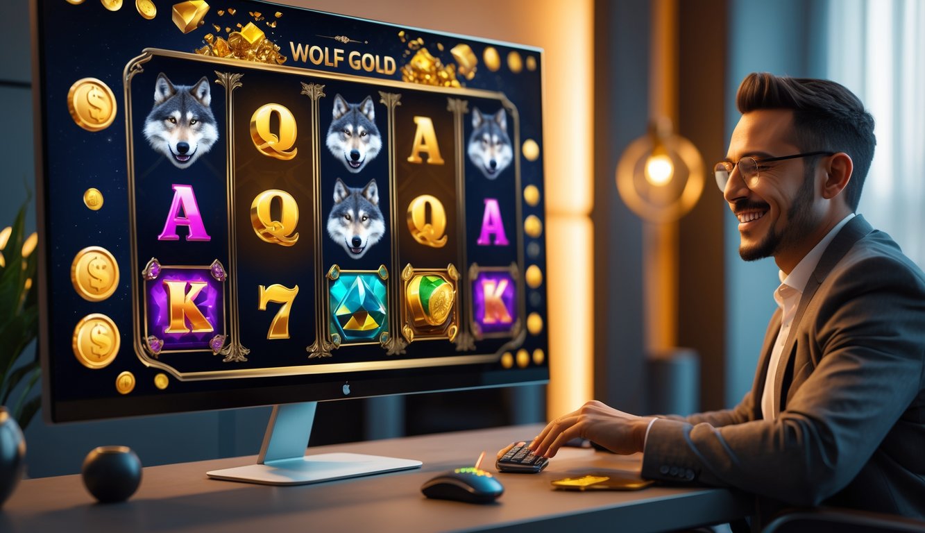 Seorang pemain dewasa sedang bermain game slot online dengan tema serigala dan emas di layar komputer dalam ruangan yang rapi dan terang.