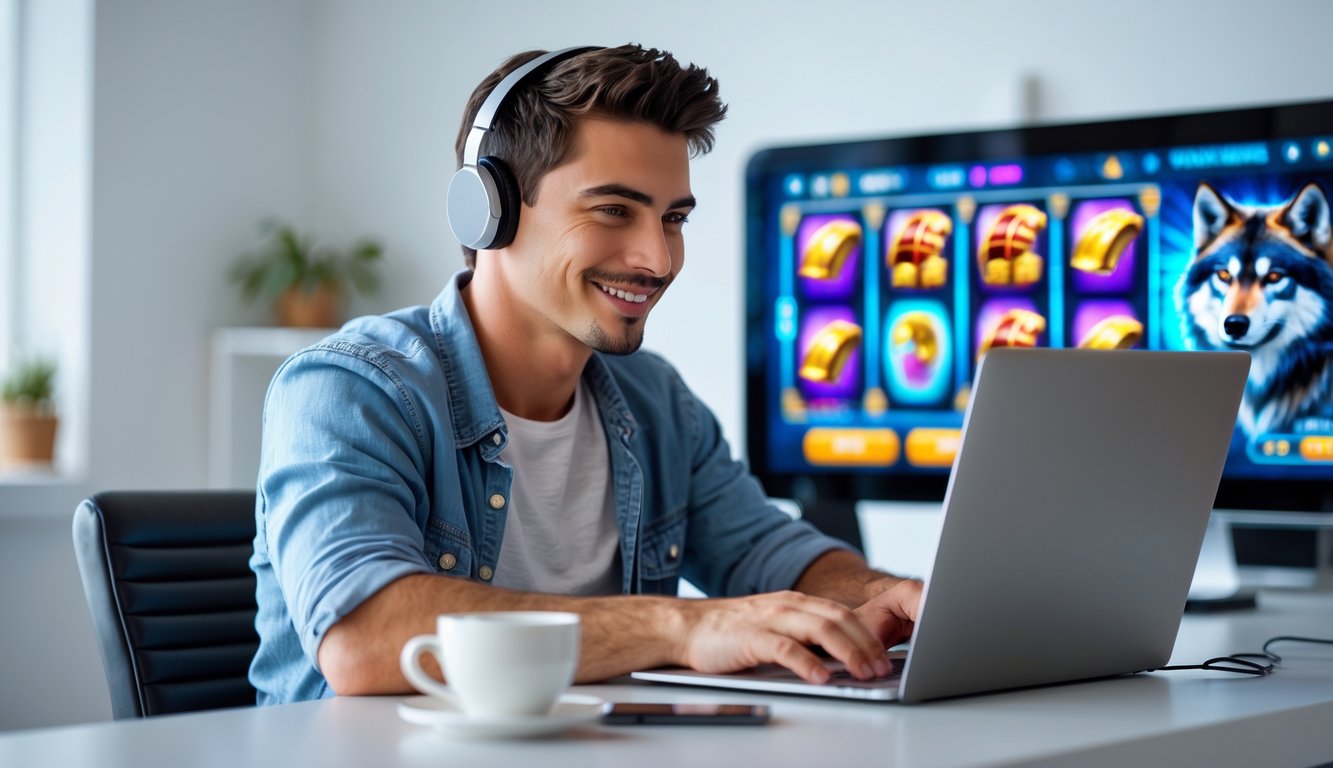 Seorang pria muda duduk di meja dengan laptop, fokus bermain permainan slot online dengan latar belakang simbol slot seperti serigala dan koin emas.