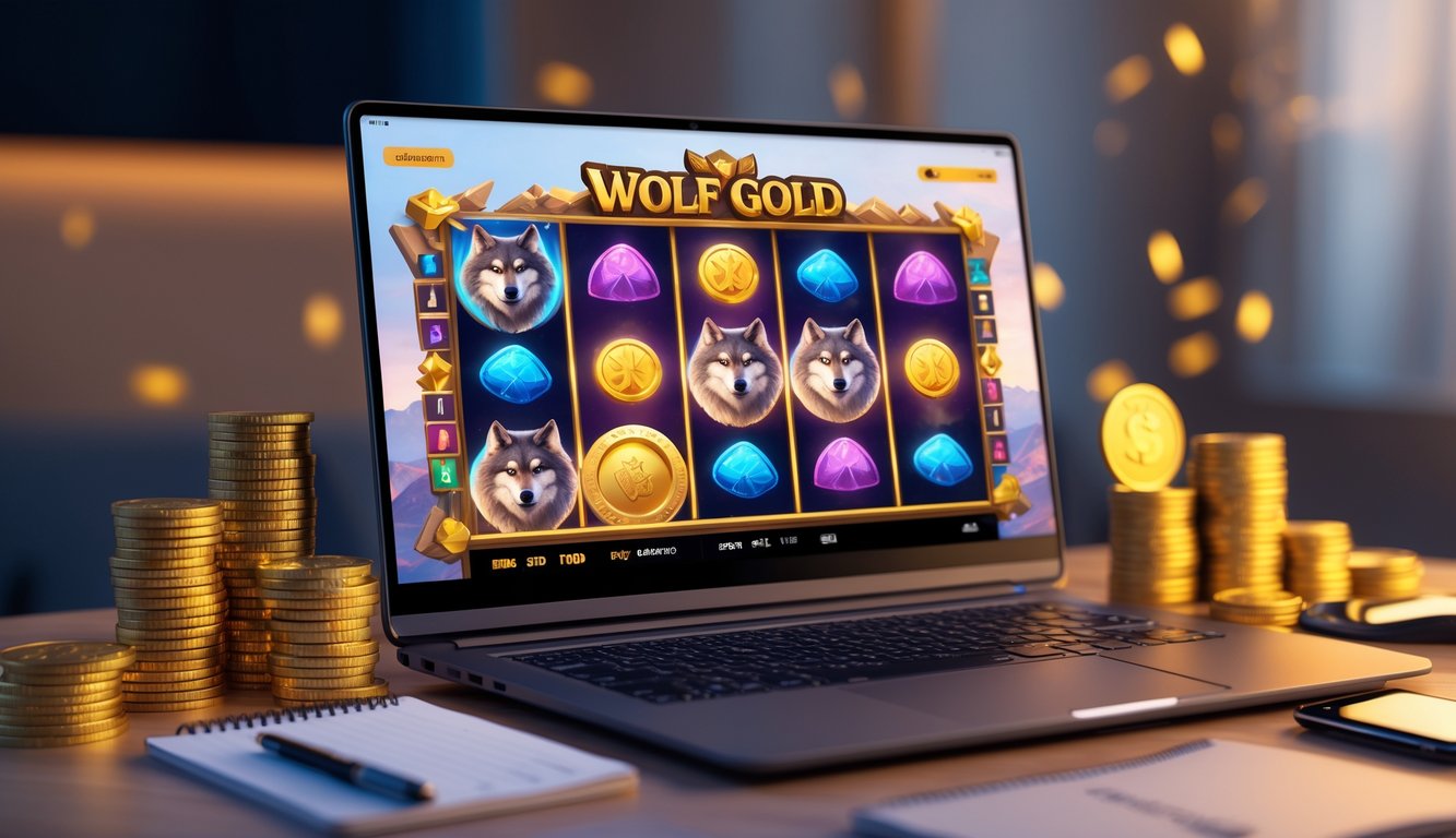 Sebuah meja dengan komputer menampilkan permainan slot online bertema Wolf Gold, dikelilingi oleh tumpukan koin emas dan ponsel dengan aplikasi taruhan, menciptakan suasana bermain game yang ramah dan profesional.