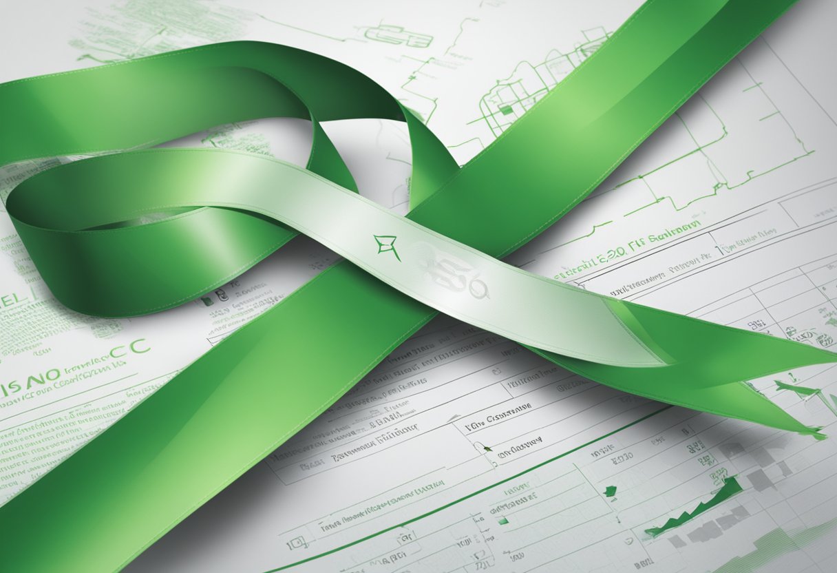 A digital illustration of a green ribbon on top of a form and graphs
