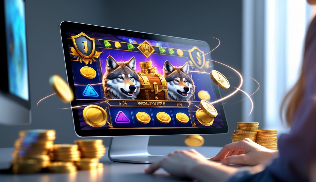 Layar komputer atau ponsel yang menampilkan permainan slot dengan tema serigala dan emas, dikelilingi oleh simbol keamanan dan kecepatan.