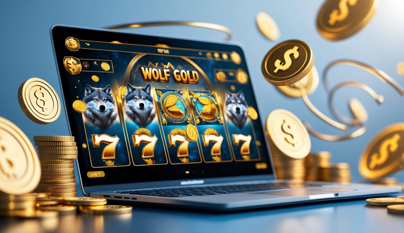 Sebuah komputer menampilkan permainan slot online dengan tema serigala dan emas, dikelilingi simbol keamanan dan kecepatan.