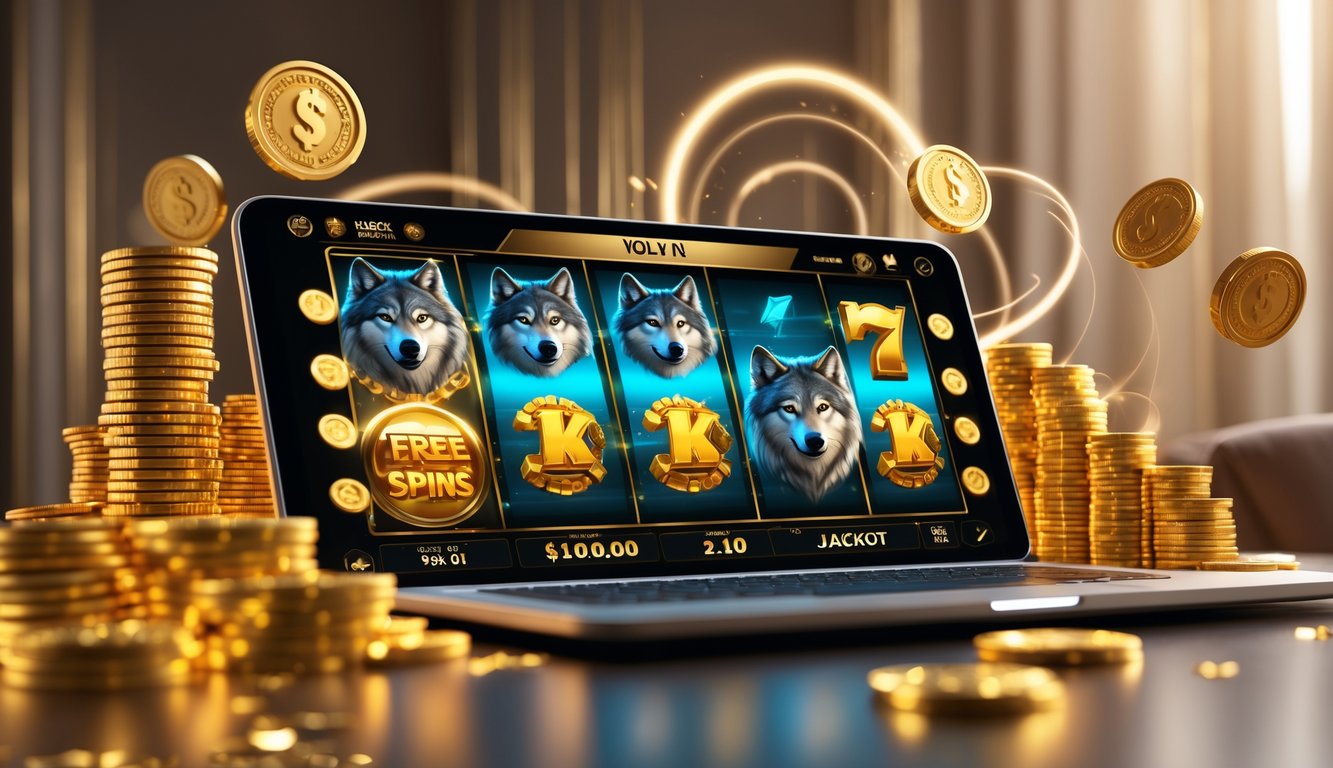 Layar perangkat menampilkan permainan slot online dengan simbol serigala dan koin emas, menonjolkan fitur putaran gratis dan jackpot progresif.