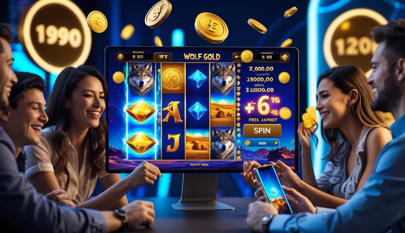 Tampilan antarmuka permainan slot online Wolf Gold dengan simbol serigala dan koin emas, serta pemain yang sedang menikmati permainan di berbagai perangkat.