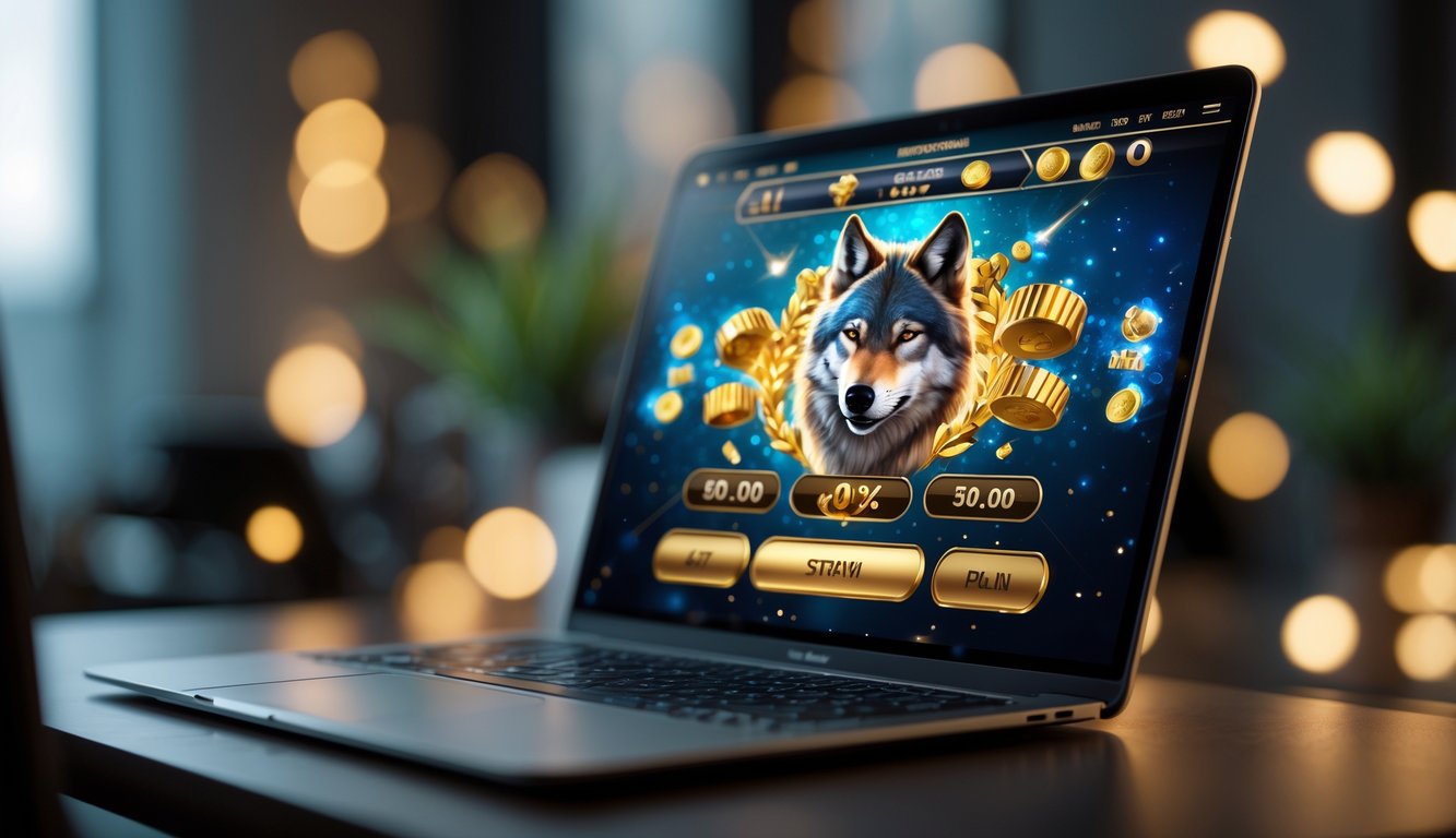 Tampilan layar perangkat dengan permainan slot online bertema serigala dan emas yang menarik.