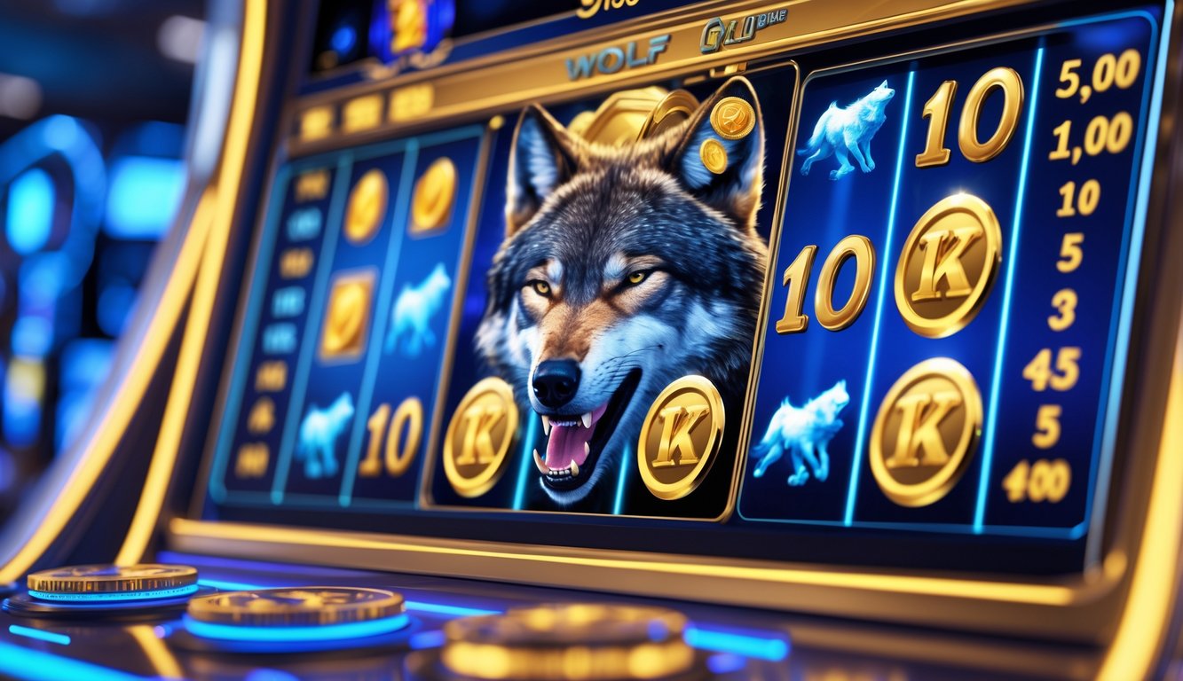 Tampilan layar permainan slot online bertema serigala dengan koin emas dan simbol jackpot, menunjukkan suasana permainan kasino digital yang menarik dan terpercaya.