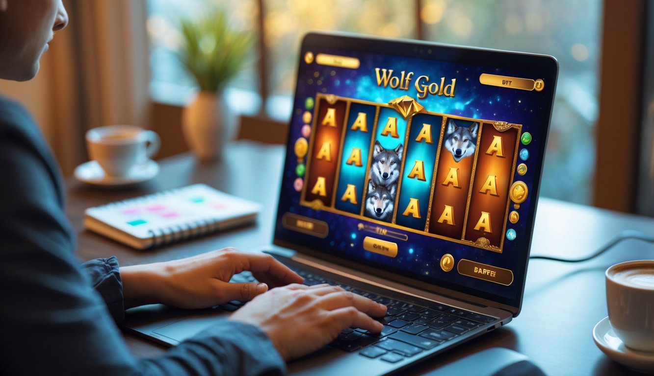 Seseorang menggunakan komputer dengan tampilan permainan slot online bertema serigala dan emas di layar.