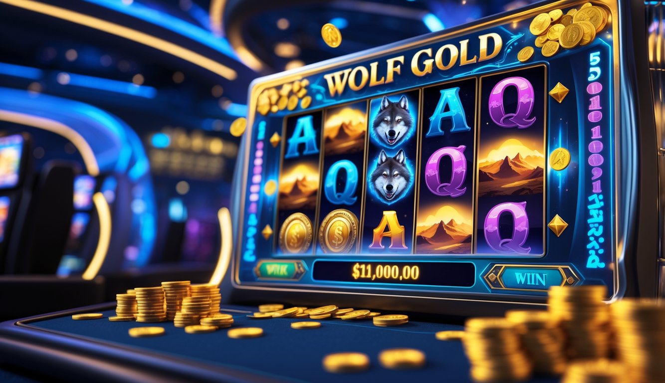 Layar permainan slot online dengan simbol serigala dan koin emas di latar belakang kasino modern.