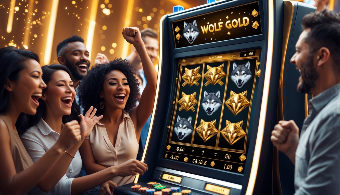 Beberapa orang bermain mesin slot digital bertema serigala dan emas dengan ekspresi gembira di lingkungan kasino yang terang.