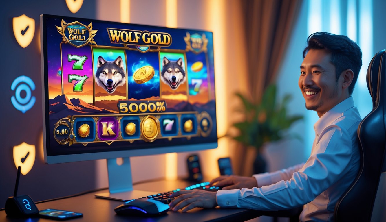 Seorang pemain dewasa sedang menikmati permainan slot online Wolf Gold di komputer dengan latar ruangan yang nyaman dan pencahayaan hangat.