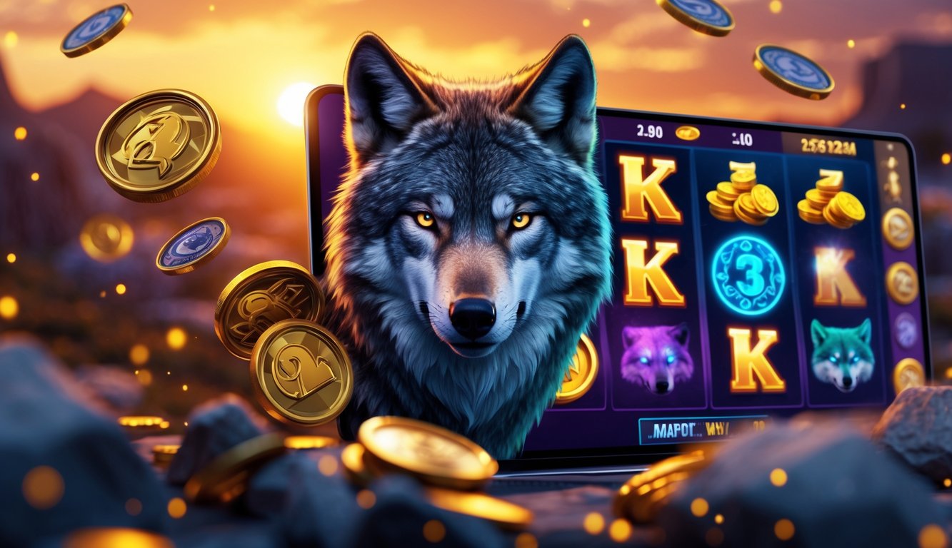 Layar permainan slot online dengan gambar serigala dan simbol jackpot, menampilkan suasana permainan yang menarik dan stabil.