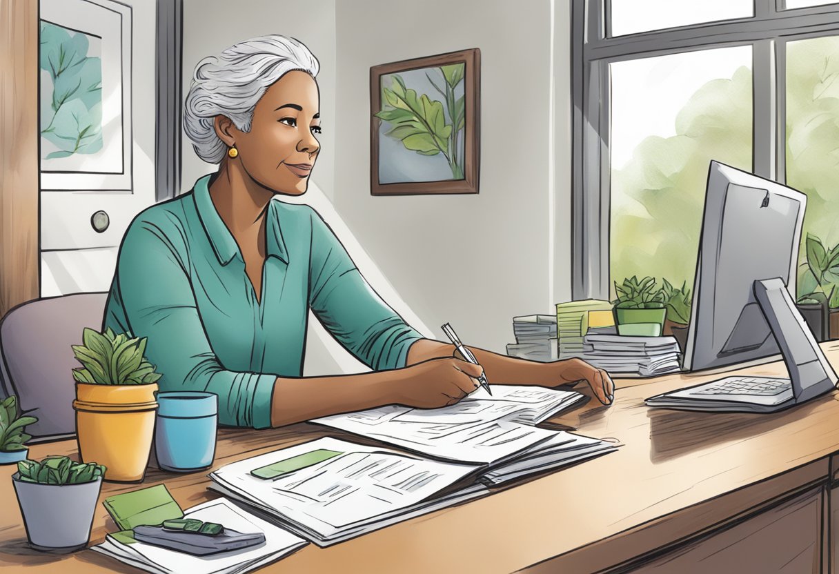 A digital illustration of a businesswoman working at her desk