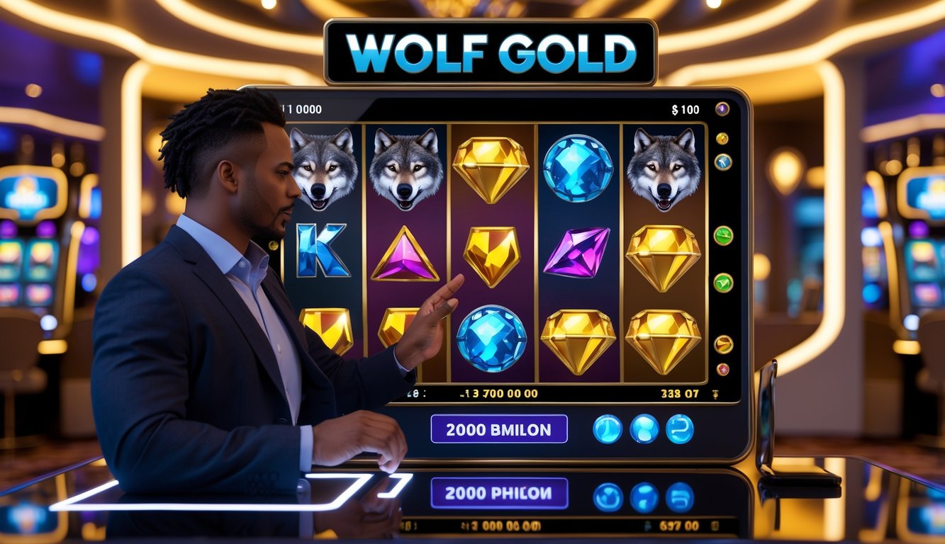 Seorang pemain berbusana kasual sedang menggunakan mesin slot digital dengan latar belakang suasana kasino yang mewah dan lampu keemasan.