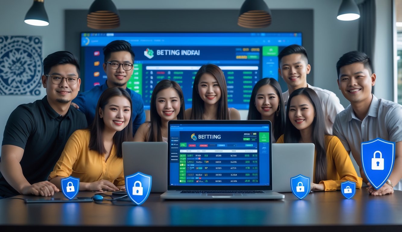 Sekelompok orang muda sedang menggunakan perangkat digital dalam ruang kantor modern yang menampilkan suasana taruhan online yang aman dan terpercaya.