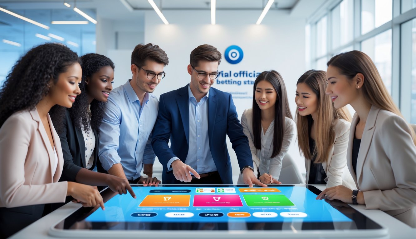 Sekelompok orang muda sedang menggunakan meja layar sentuh besar untuk mendaftar di situs taruhan online resmi dengan suasana kantor yang terang dan modern.