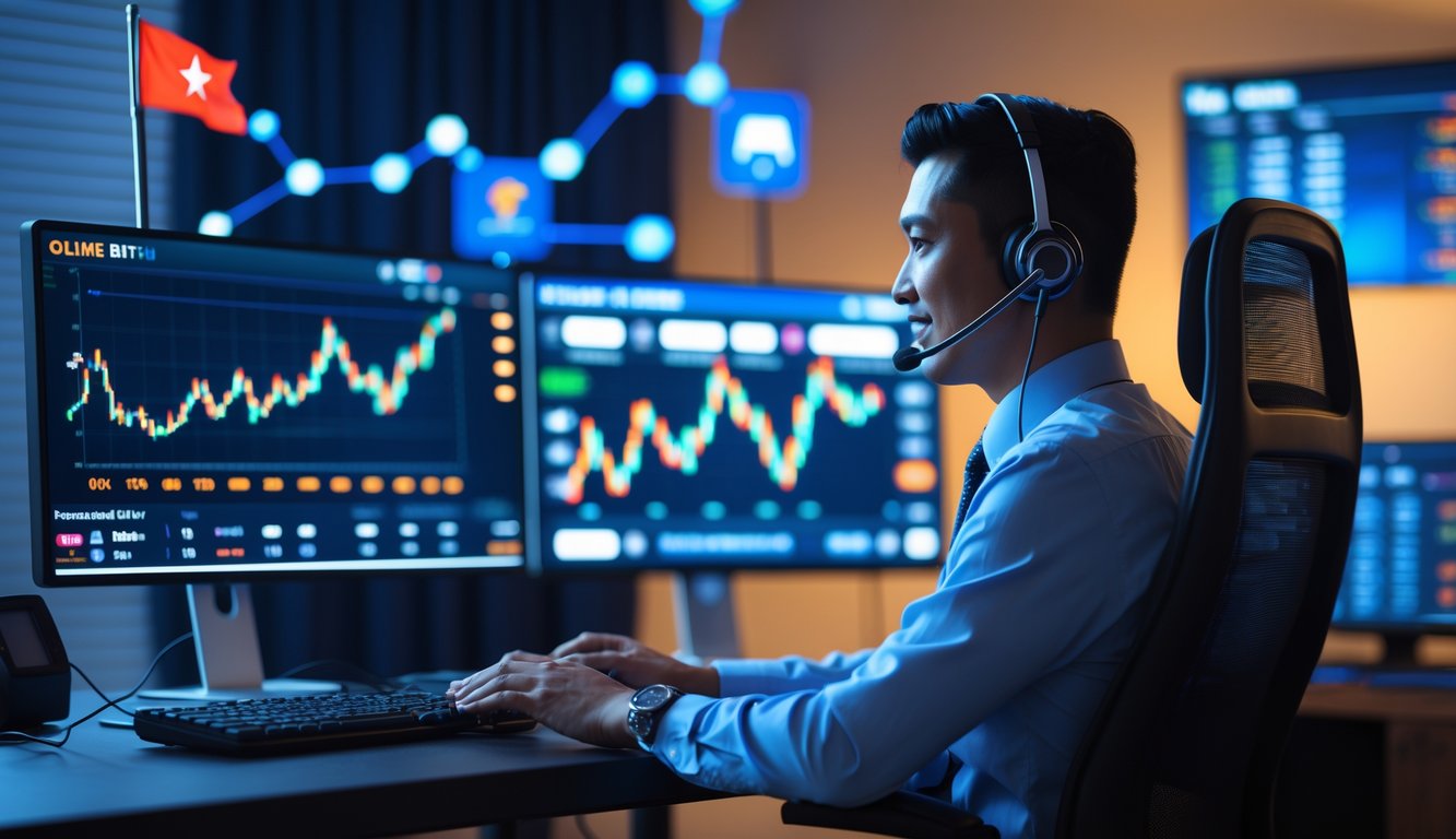 Seorang perwakilan layanan pelanggan profesional dengan headset duduk di depan beberapa layar komputer di lingkungan kerja modern.