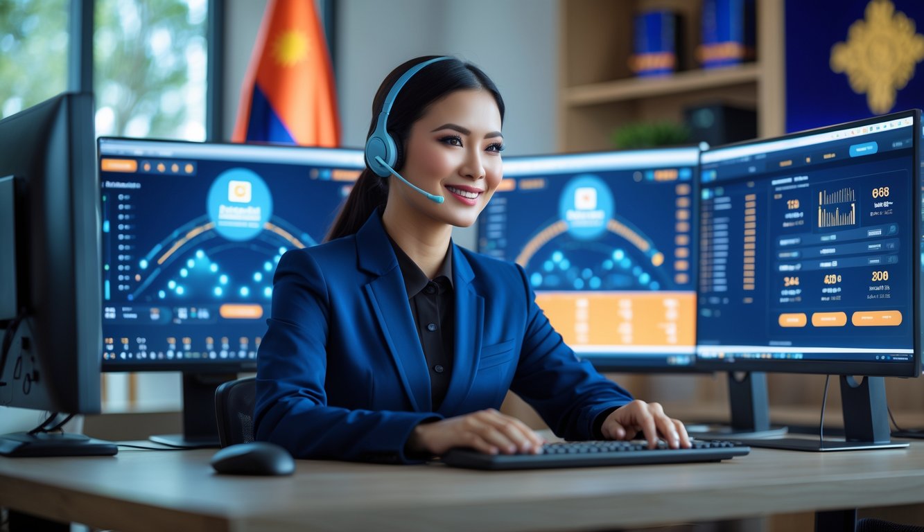 Seorang perwakilan layanan pelanggan di kantor modern Indonesia sedang bekerja dengan komputer dan perangkat teknologi, menunjukkan layanan taruhan online resmi yang terpercaya.
