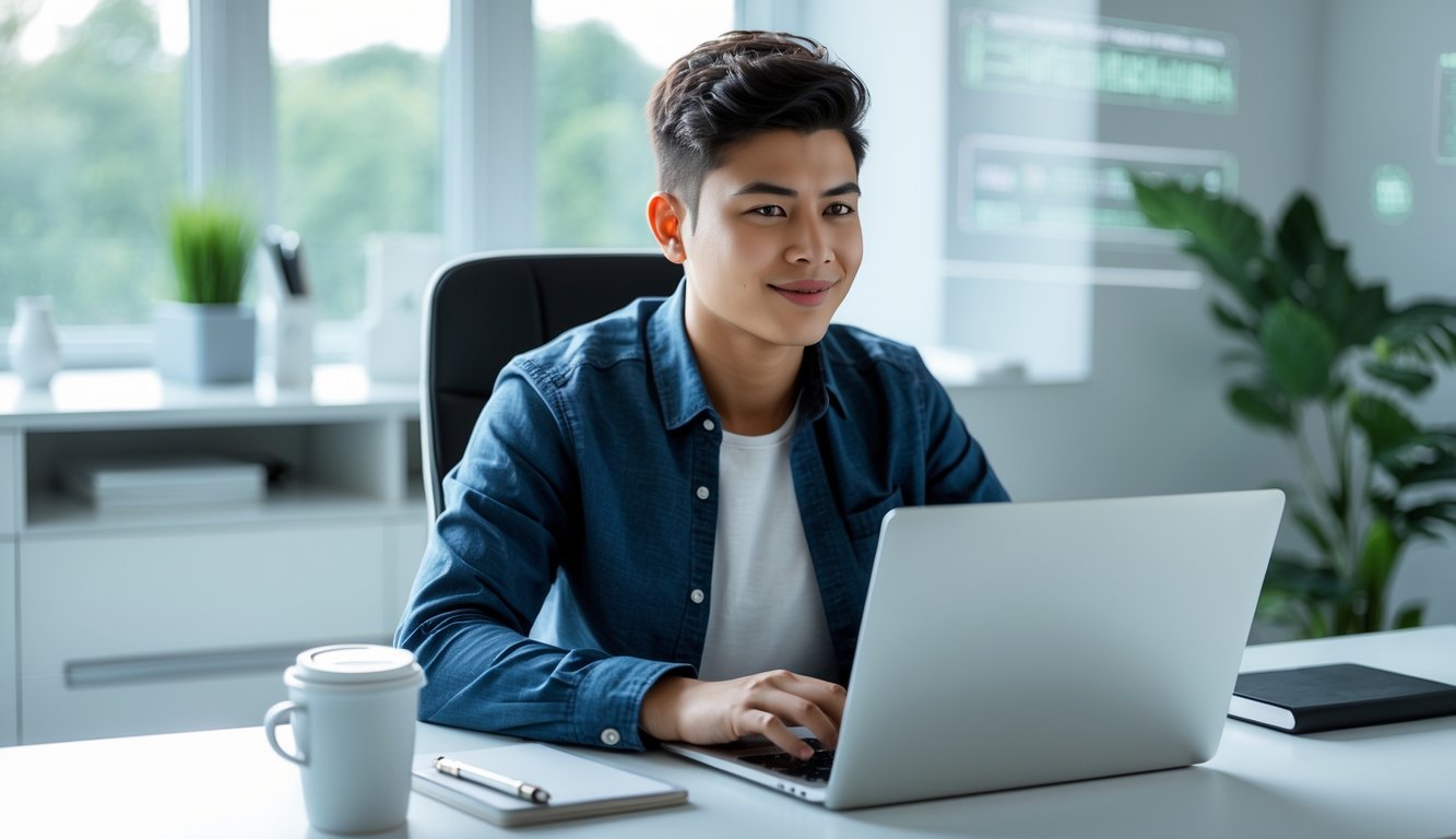 Seorang dewasa muda duduk di meja dengan laptop di ruang kerja rumah yang terang dan rapi.