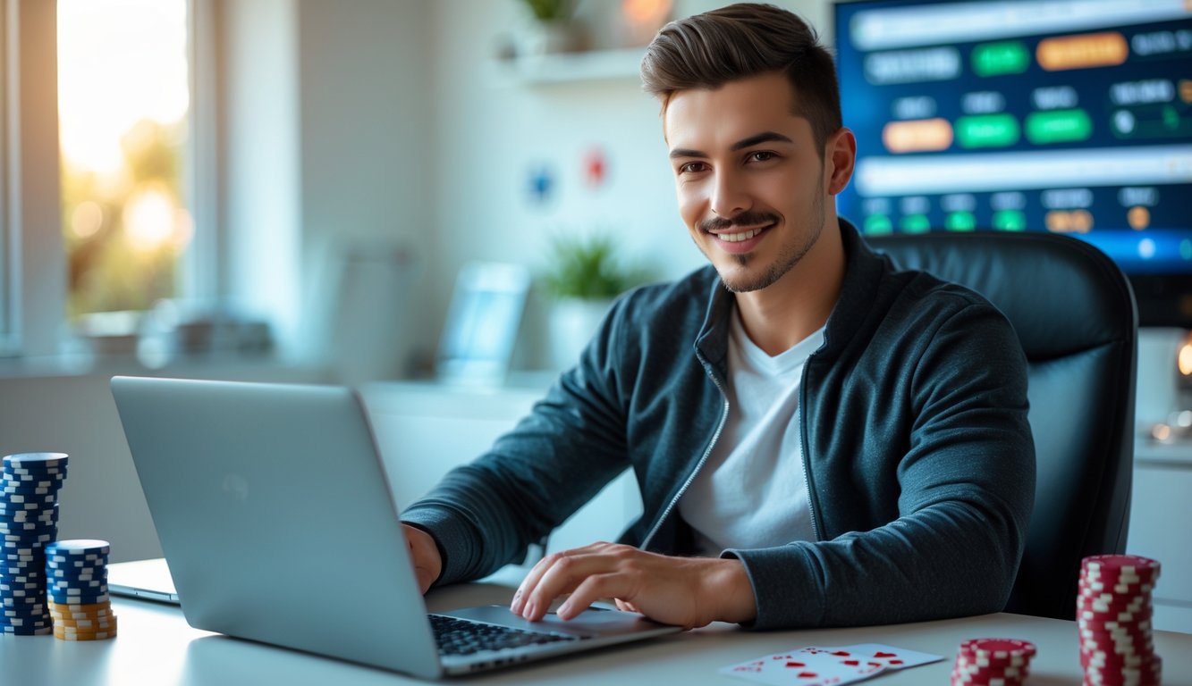 Seorang pria muda duduk di meja modern menggunakan laptop di ruang kerja rumah yang terang dan nyaman.