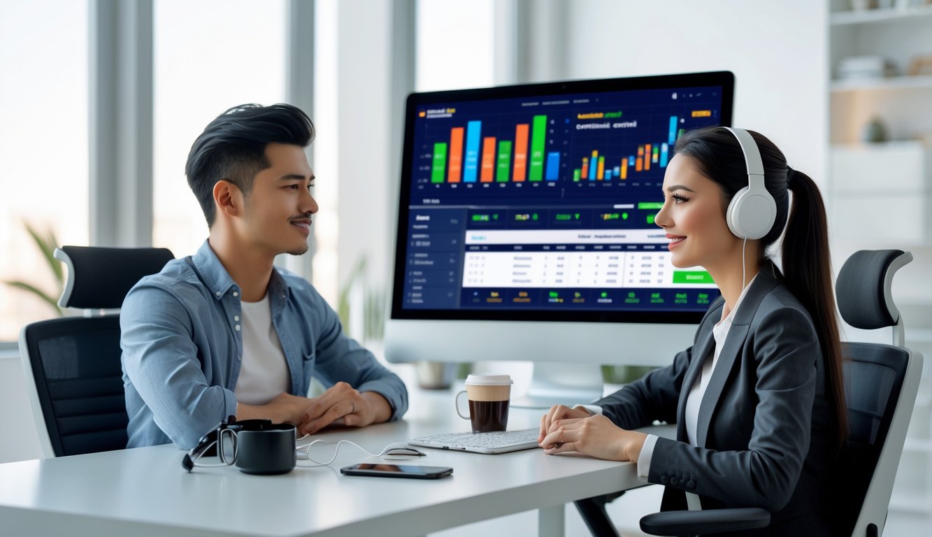 Seorang pria dan wanita muda duduk di meja kantor modern, fokus melihat layar komputer dengan grafik dan antarmuka taruhan online.