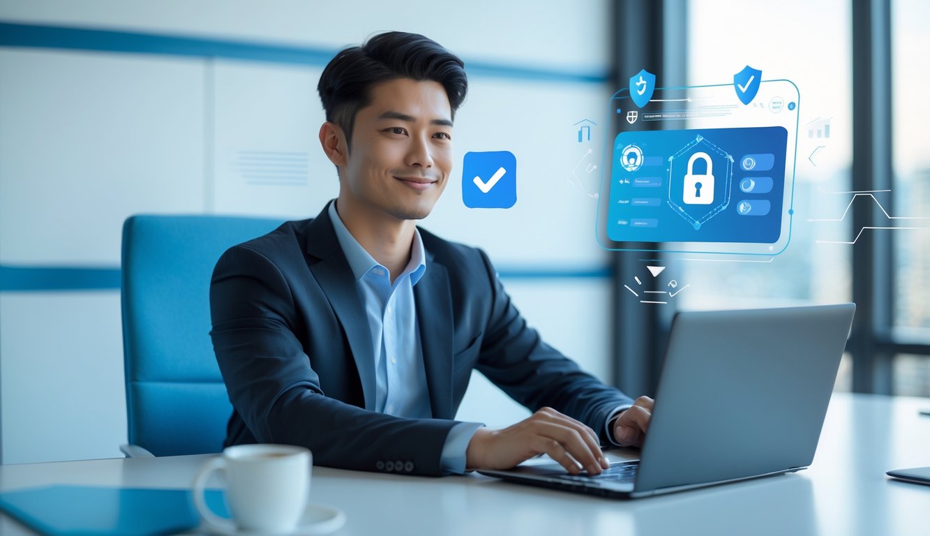 Seorang pria muda duduk di depan laptop di kantor modern, menggunakan layanan transaksi online yang aman dan cepat.