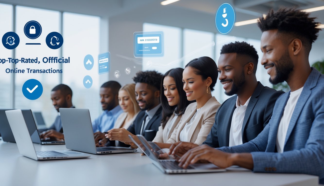 Sekelompok orang menggunakan perangkat digital di kantor modern yang terang, menunjukkan aktivitas transaksi online yang aman dan cepat.