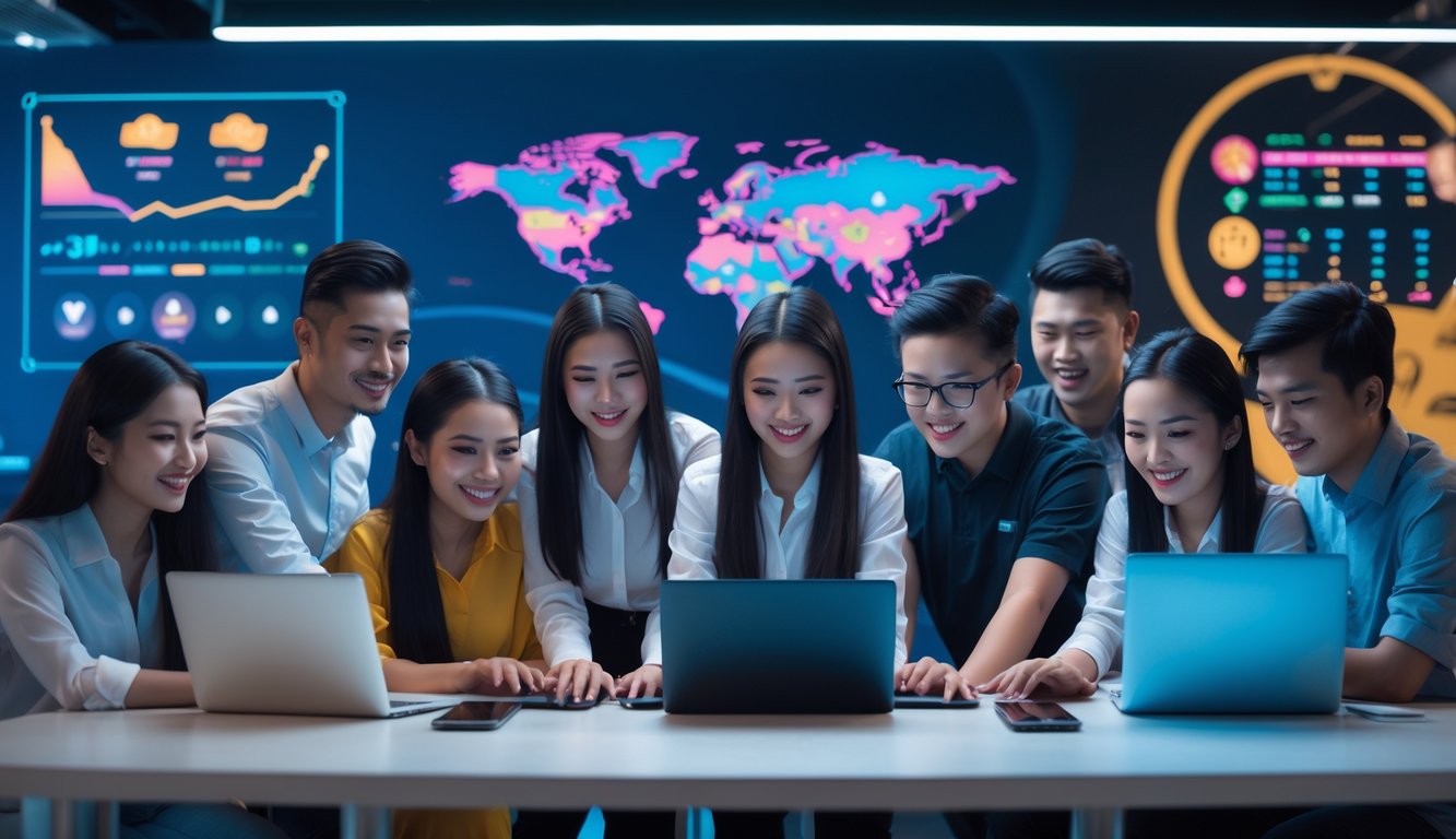 Sekelompok orang muda menggunakan perangkat digital di ruang kerja modern, sedang bermain dan bertaruh online dengan latar belakang elemen budaya Indonesia.