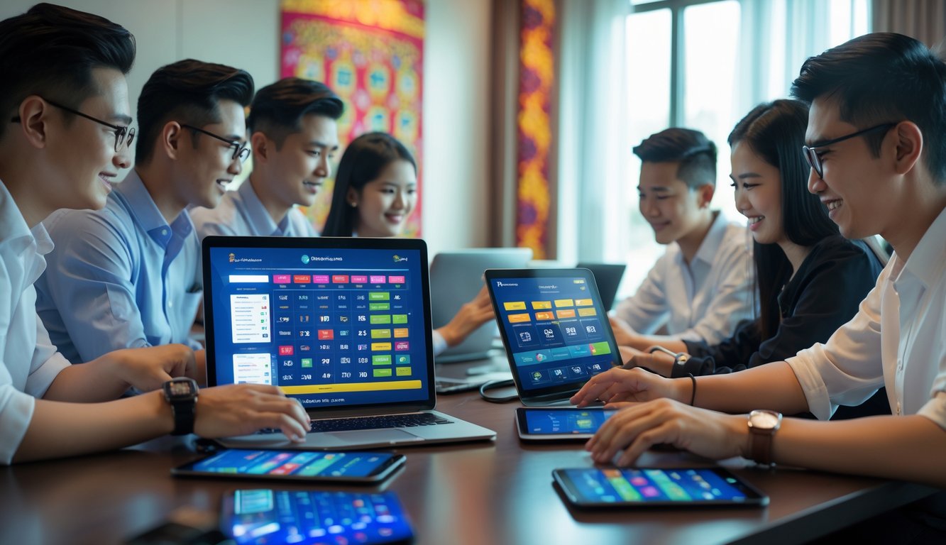 Sekelompok orang muda menggunakan perangkat digital untuk taruhan online resmi di ruangan modern dengan elemen budaya Indonesia.