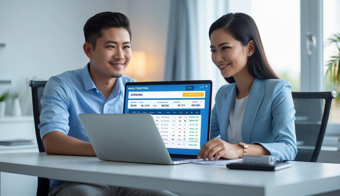 Seorang pria dan wanita Indonesia duduk bersama di meja modern sambil menggunakan laptop, terlihat fokus dan puas dengan aktivitas taruhan online.