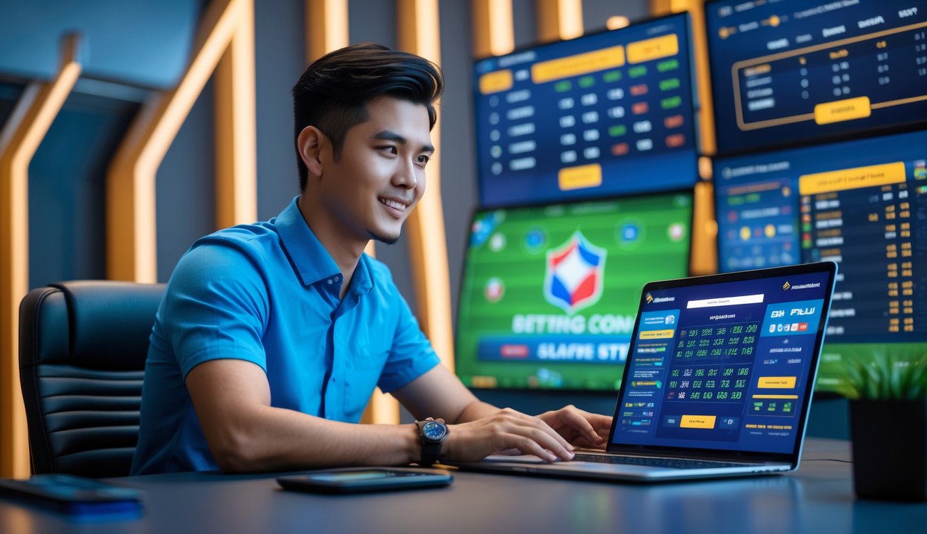 Seorang pria muda Indonesia duduk di meja dengan beberapa perangkat digital menampilkan taruhan olahraga, terlihat fokus dan percaya diri.