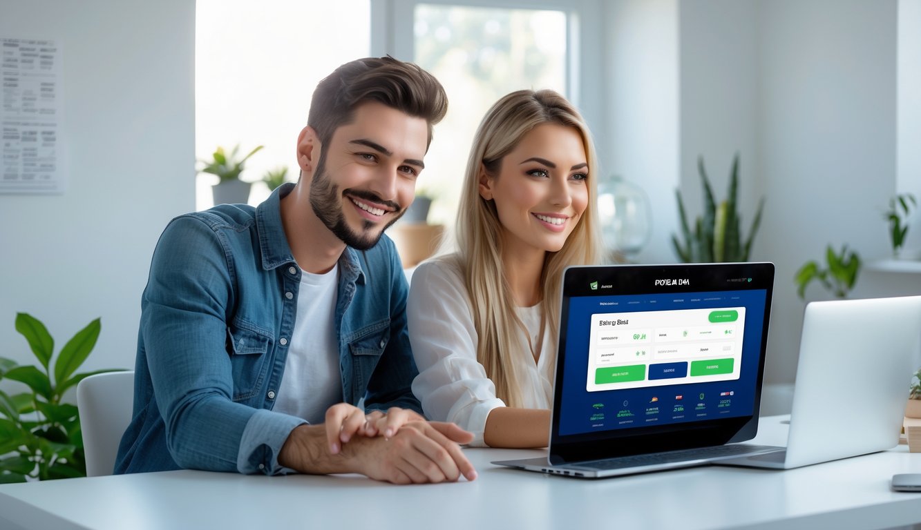 Seorang pria dan wanita muda duduk bersama di meja dengan laptop, terlihat fokus dan senang menggunakan situs taruhan online resmi.