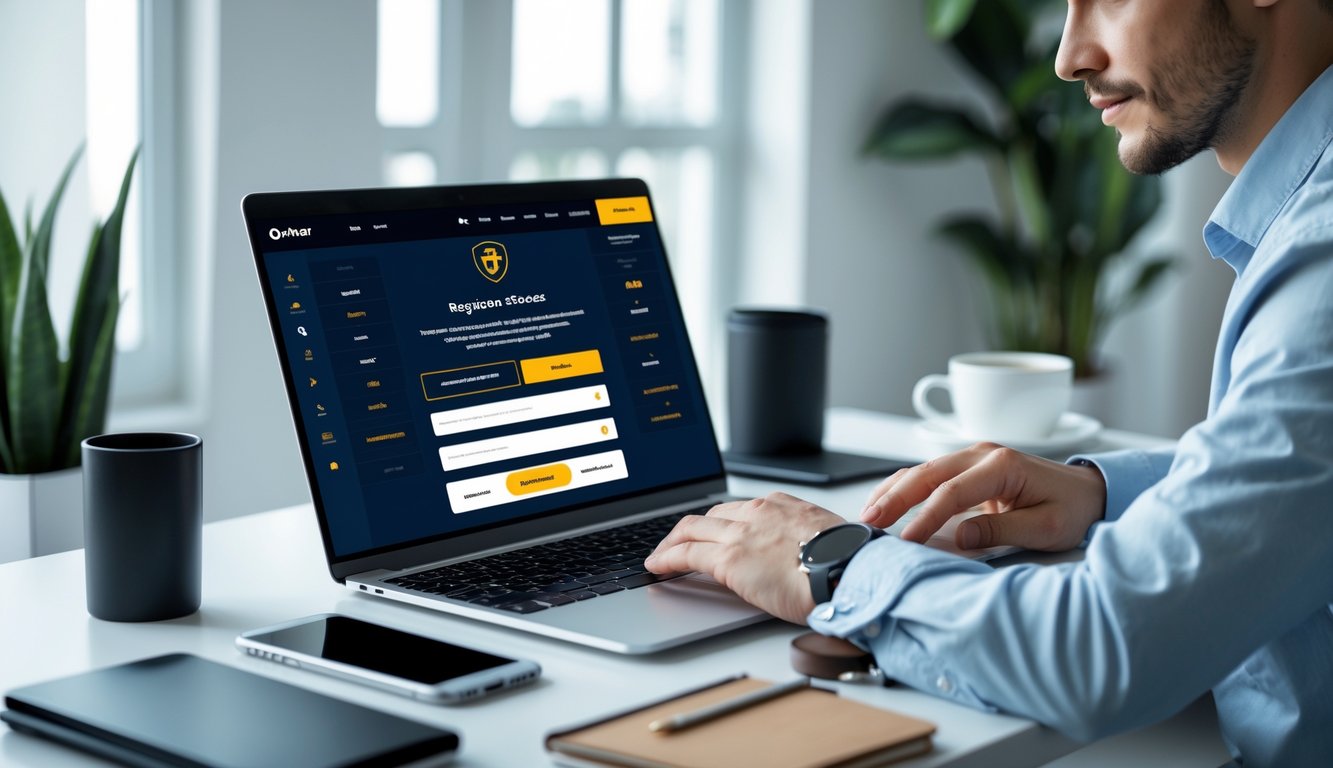 Seseorang menggunakan laptop di meja kerja yang rapi untuk mendaftar di situs taruhan online resmi dengan fokus dan percaya diri.