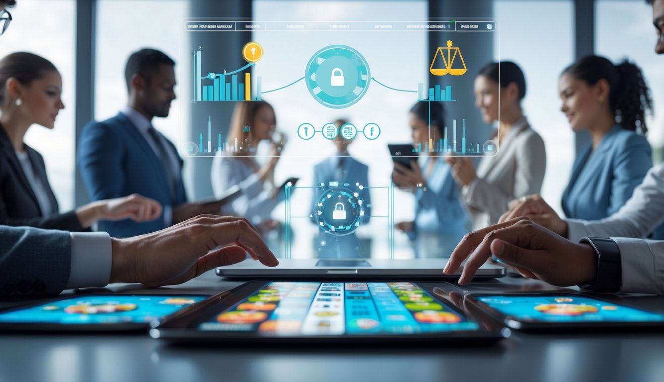 Sekelompok orang menggunakan perangkat digital untuk bermain permainan taruhan online dalam suasana yang profesional dan terpercaya.