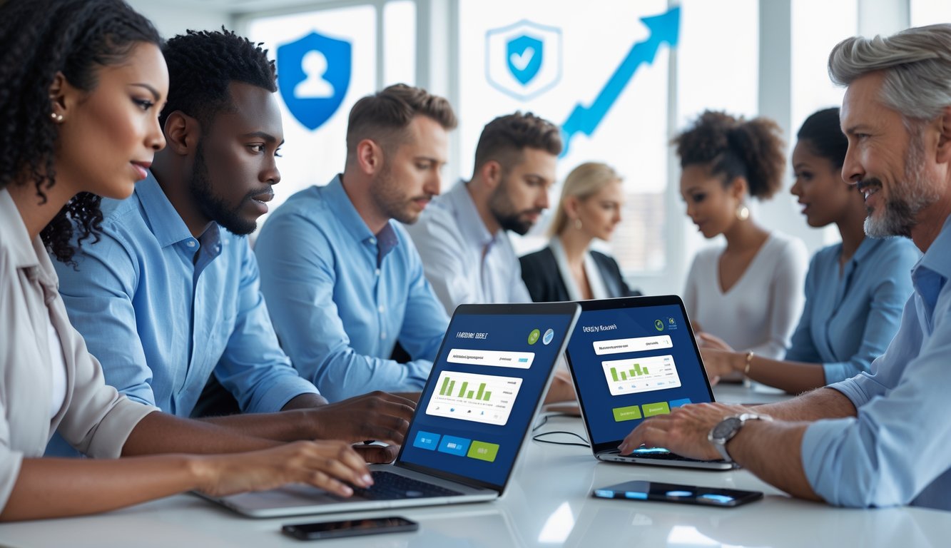 Beberapa orang dewasa menggunakan perangkat digital di ruang kantor yang terang dan modern, menunjukkan suasana taruhan online yang adil dan transparan.