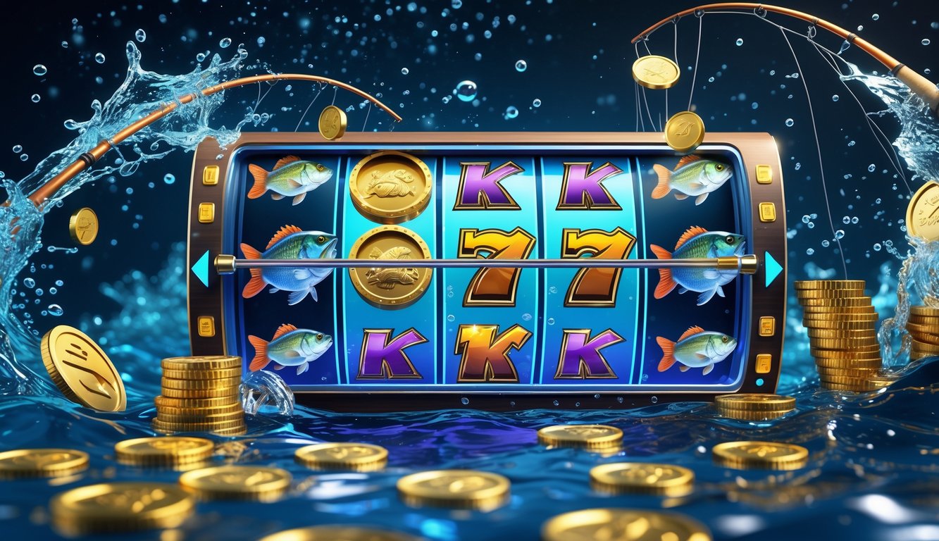Tampilan mesin slot online dengan tema memancing ikan bass besar, menampilkan simbol ikan, koin emas, dan efek air yang cerah.