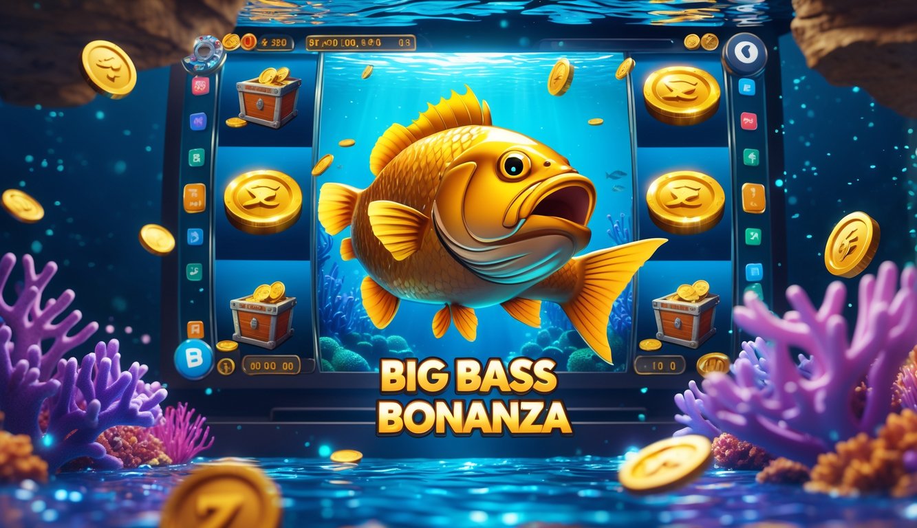 Ikan emas besar melompat di atas terumbu karang berwarna-warni di bawah laut dengan simbol mesin slot dan koin di sekitarnya.