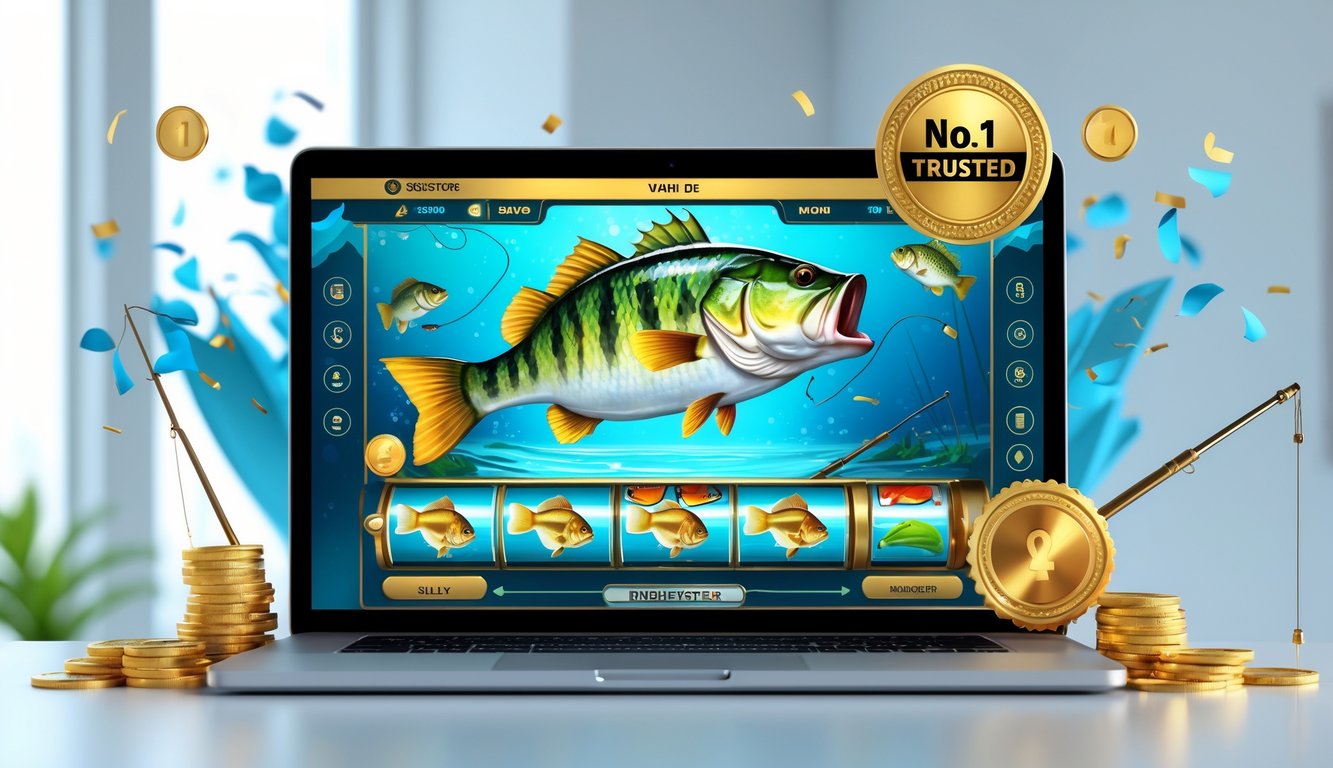 Layar komputer menampilkan permainan slot online bertema memancing dengan ikan bass besar dan elemen bonus, dikelilingi ikon keamanan dan simbol kepercayaan.